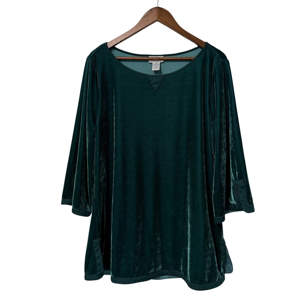 Soft Surroundings Tunic Women XL Emerald Green Velvet 3/4 Sleeve Lagenlook Artsy